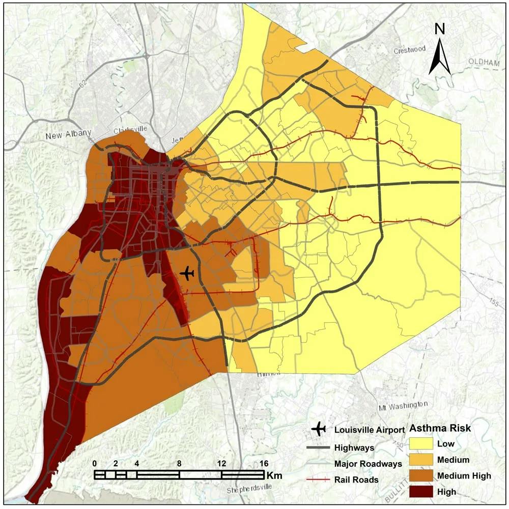 picture of a map showing risk of asthma in each region of louisville